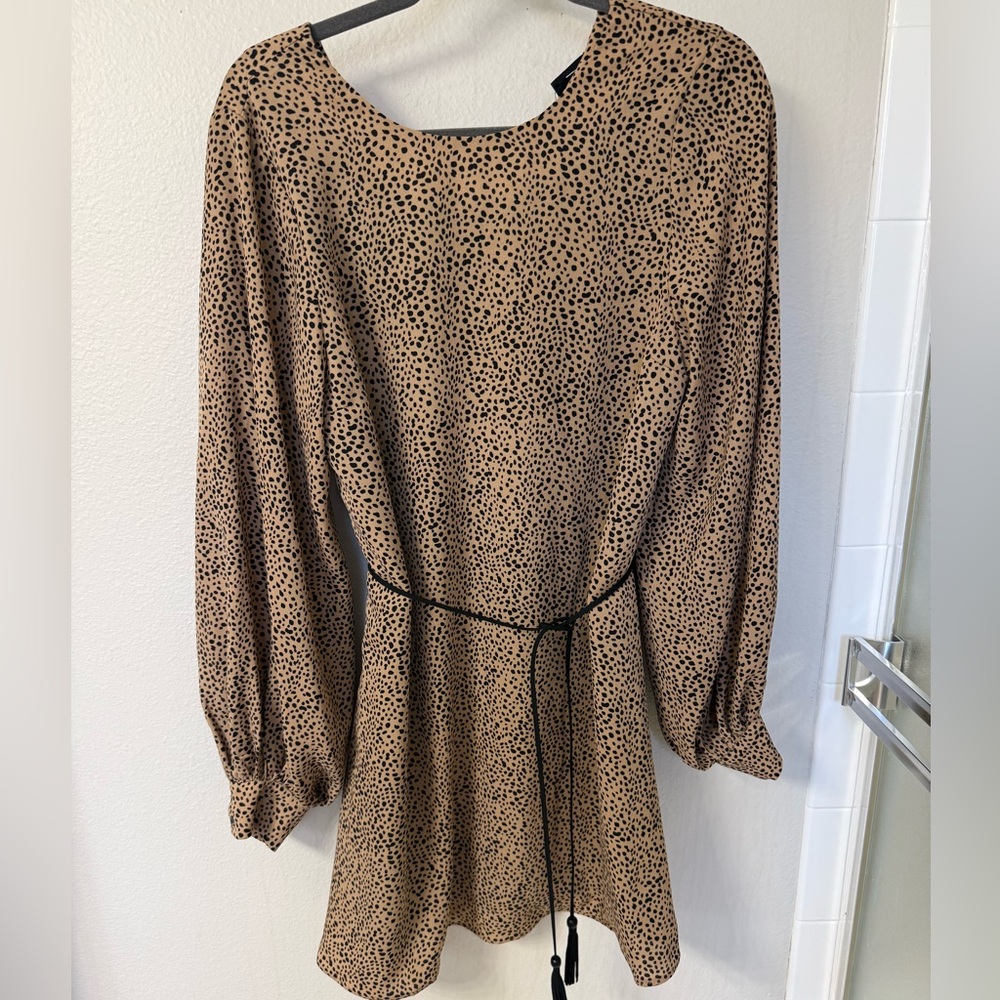 Long Sleeve Brown Animal Print Tie-Waist Dress